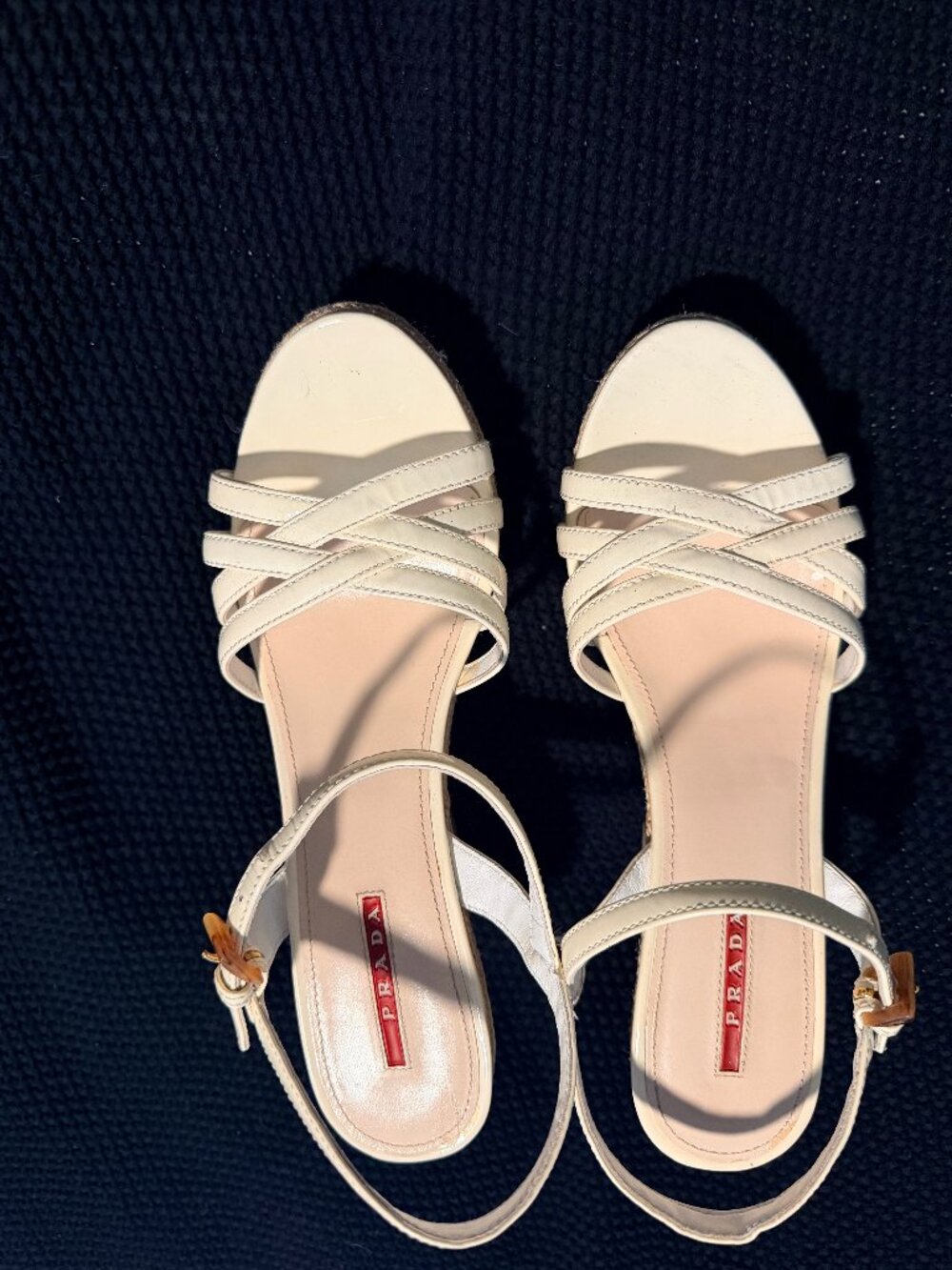 Prada Cream Patent Cork Jute Espadrille Wedges 40